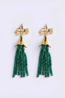 Gold Plated Kundan Polki & Green Beaded Dangler Earrings