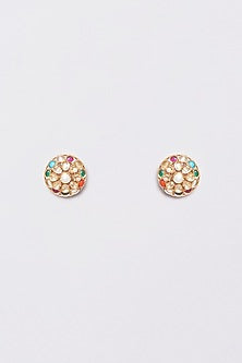 Gold Plated Navratna Stone Stud Earrings