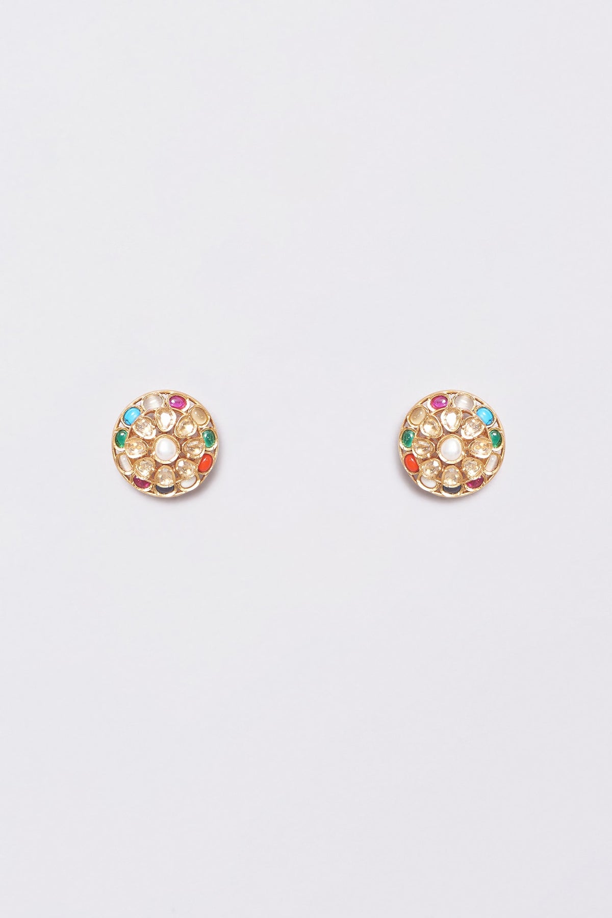 Gold Plated Navratna Stone Stud Earrings