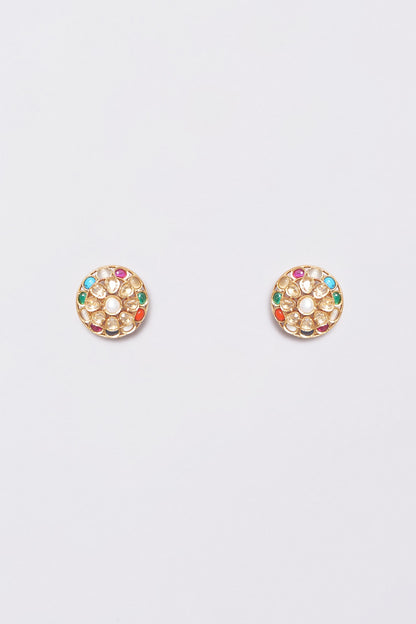 Gold Plated Navratna Stone Stud Earrings