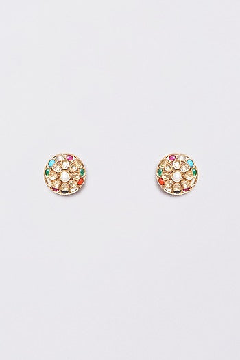 Gold Plated Navratna Stone Stud Earrings