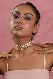 Gold Plated Kundan Polki & Pearl Choker Necklace