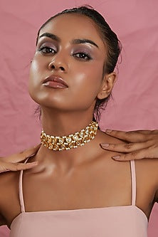 Gold Plated Kundan Polki & Pearl Choker Necklace
