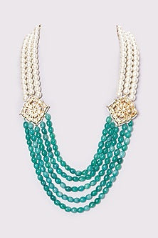 Gold Plated Pearl & Green Beaded Long Mala