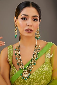 Gold Plated Synthetic Stone & Green Drop Long Necklace Set