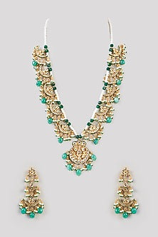 Gold Plated Synthetic Stone & Green Drop Long Necklace Set