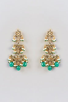 Gold Plated Synthetic Stone & Green Drop Long Necklace Set