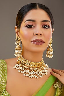 Gold Plated Kundan Polki & Pearl Choker Necklace Set