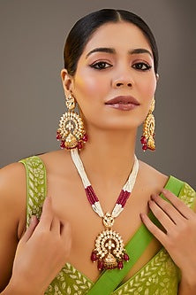 Gold Plated Kundan Polki & Pearl Long Necklace Set