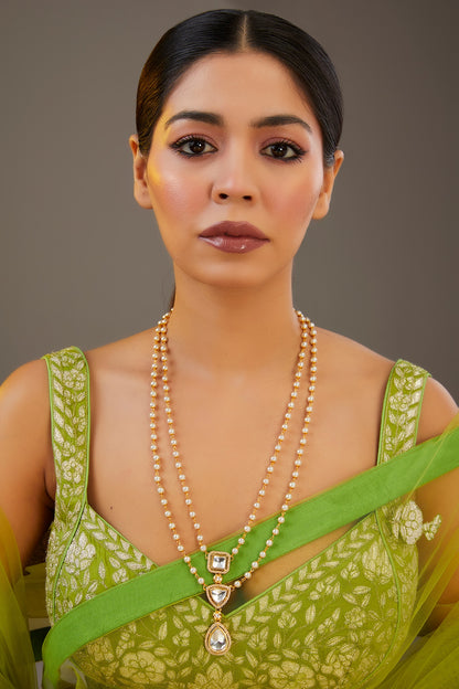 Gold Plated Kundan Polki & Pearl Layered Necklace