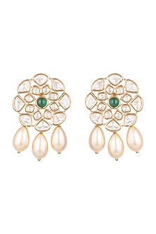 Gold Plated Polki & Pearl Drop Stud Earrings