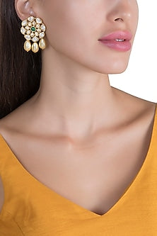Gold Plated Polki & Pearl Drop Stud Earrings