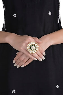 Gold Plated Emerald & Kundan Big Floral Ring