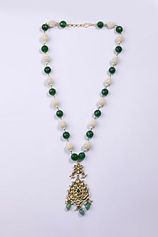 Gold Plated Kundan Polki & Green Beaded Long Necklace