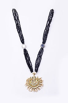 Gold Finish Kundan Polki & Black Beaded Long Necklace