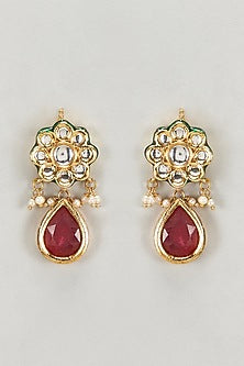 Gold Plated Kundan Polki & Pearl Meenakari Dangler Earrings