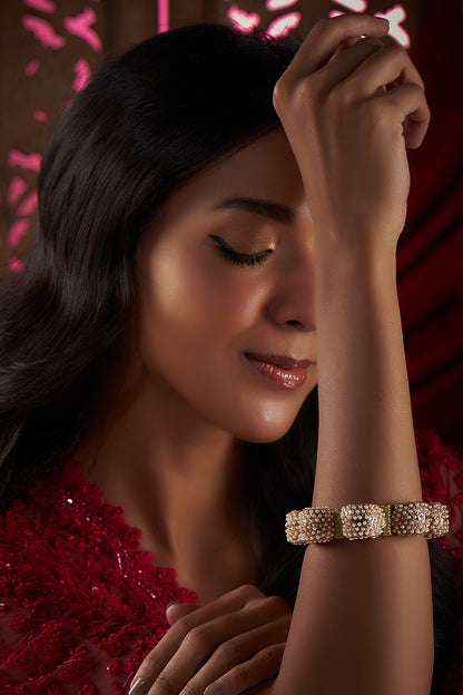 Gold Plated Kundan Polki & Pearl Pacheli Bangle