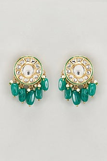 Gold Plated Kundan Polki & Green Bead Dangler Earrings