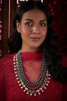 Gold Plated Green Beaded & Navratna Stone Long Necklace