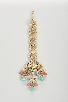 Gold Plated Multi-Colored Kundan Polki & Bead Meenakari Maangtikka
