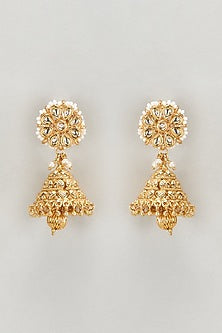 Gold Plated Kundan Polki Temple Jhumka Earrings