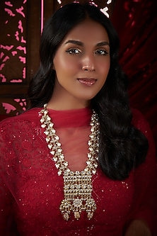 Gold Plated Kundan Polki & Pearl Long Necklace