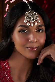 Gold Plated Kundan Polki & Pearl Chand Maangtikka