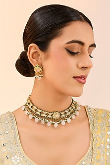 Gold Plated Bead & Pearl Floral Choker Necklace Set