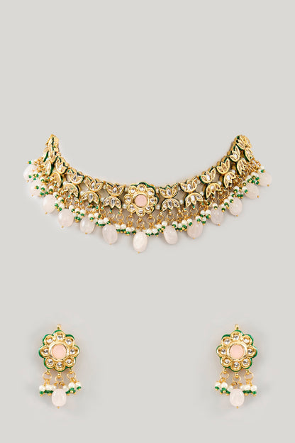 Gold Plated Bead & Pearl Floral Choker Necklace Set
