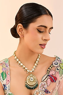 Gold Plated Kundan Polki & Beaded Long Pendant Necklace