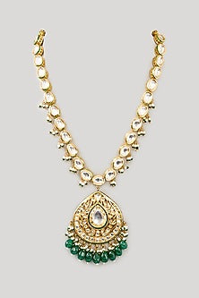 Gold Plated Kundan Polki & Beaded Long Pendant Necklace