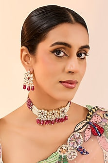 Gold Plated Kundan Polki & Ruby Beaded Choker Necklace Set