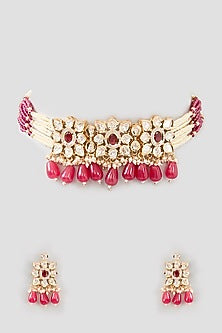 Gold Plated Kundan Polki & Ruby Beaded Choker Necklace Set