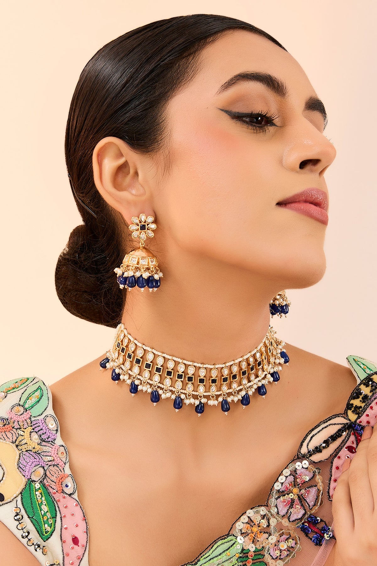 Gold Plated Kundan Polki & Blue Onyx Beaded Mesh Choker Necklace Set