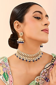 Gold Plated Kundan Polki & Blue Onyx Beaded Mesh Choker Necklace Set
