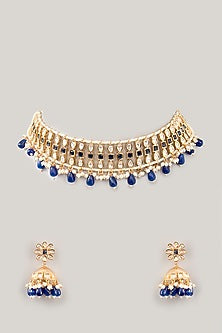 Gold Plated Kundan Polki & Blue Onyx Beaded Mesh Choker Necklace Set