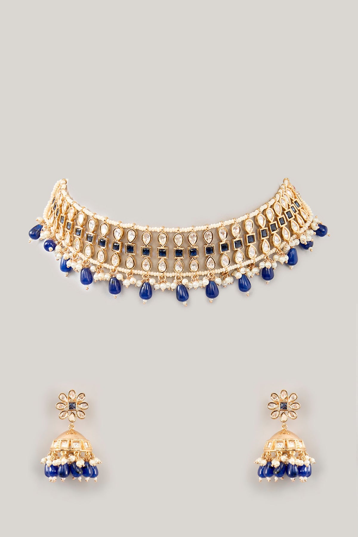 Gold Plated Kundan Polki & Blue Onyx Beaded Mesh Choker Necklace Set