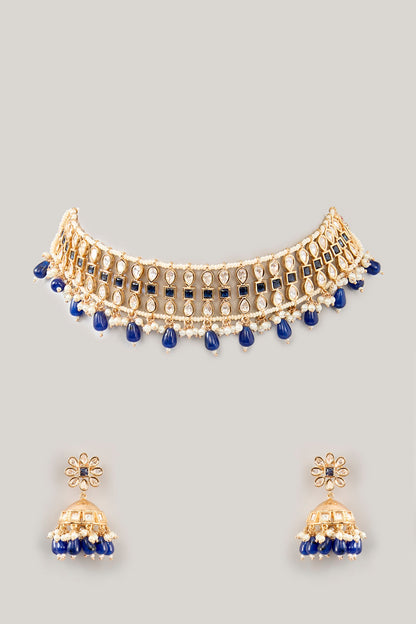 Gold Plated Kundan Polki & Blue Onyx Beaded Mesh Choker Necklace Set