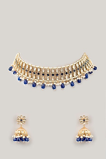 Gold Plated Kundan Polki & Blue Onyx Beaded Mesh Choker Necklace Set