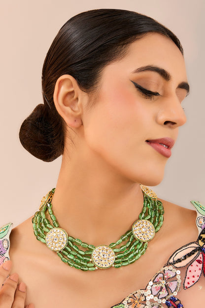 Gold Plated Kundan Polki & Pista Green Beaded Choker Necklace