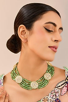 Gold Plated Kundan Polki & Pista Green Beaded Choker Necklace