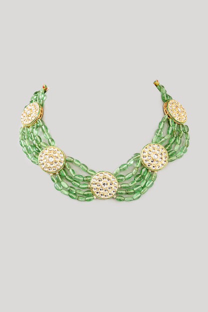 Gold Plated Kundan Polki & Pista Green Beaded Choker Necklace