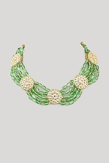 Gold Plated Kundan Polki & Pista Green Beaded Choker Necklace