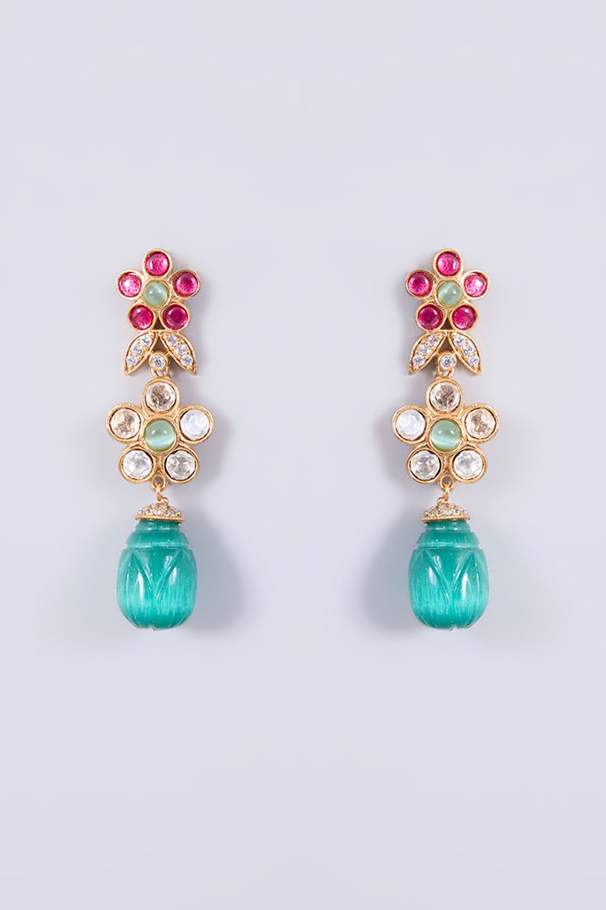 Gold Plated Kundan Polki & Multi-Colored Stone Dangler Earrings