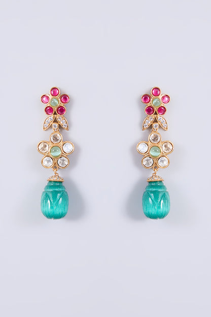 Gold Plated Kundan Polki & Multi-Colored Stone Dangler Earrings