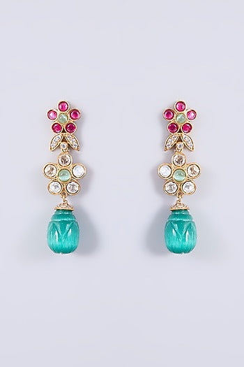 Gold Plated Kundan Polki & Multi-Colored Stone Dangler Earrings