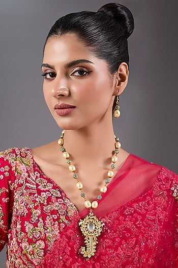 Gold Plated Kundan Polki & Pearl Kilangi Pendant Necklace Set