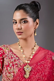 Gold Plated Kundan Polki & Pearl Kilangi Pendant Necklace Set