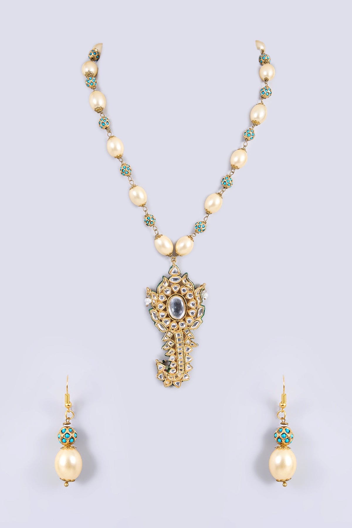 Gold Plated Kundan Polki & Pearl Kilangi Pendant Necklace Set