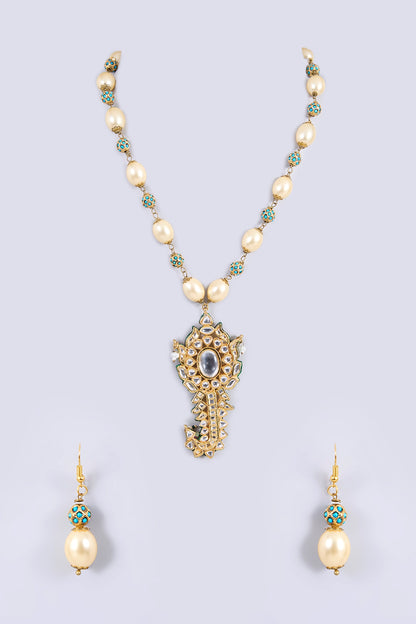 Gold Plated Kundan Polki & Pearl Kilangi Pendant Necklace Set